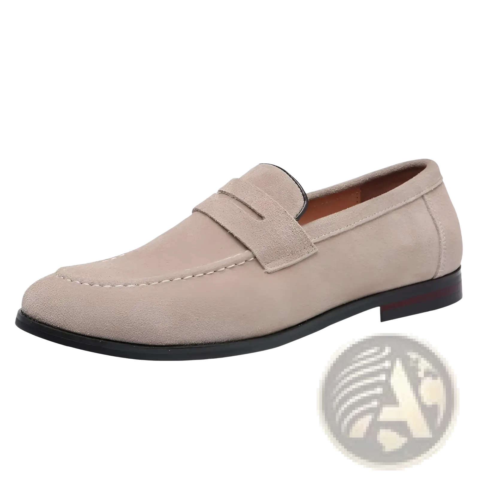 Men’s beige suede penny loafers with black rubber sole and stitched detailing trendy slip on shoes