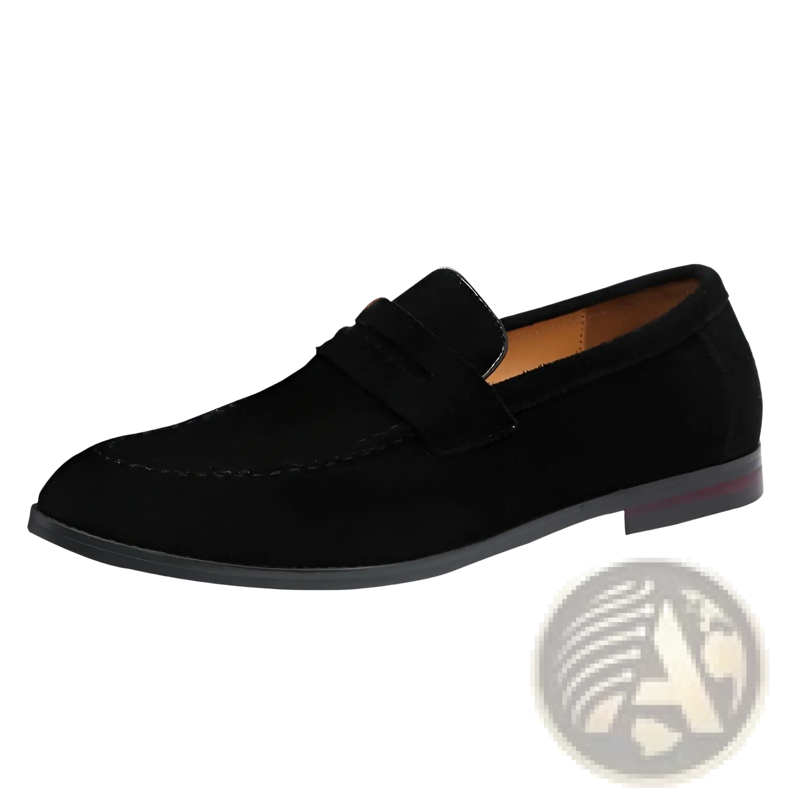 Men’s black suede penny loafers with classic slip-on design and contrasting tan interior lining for trendy wear