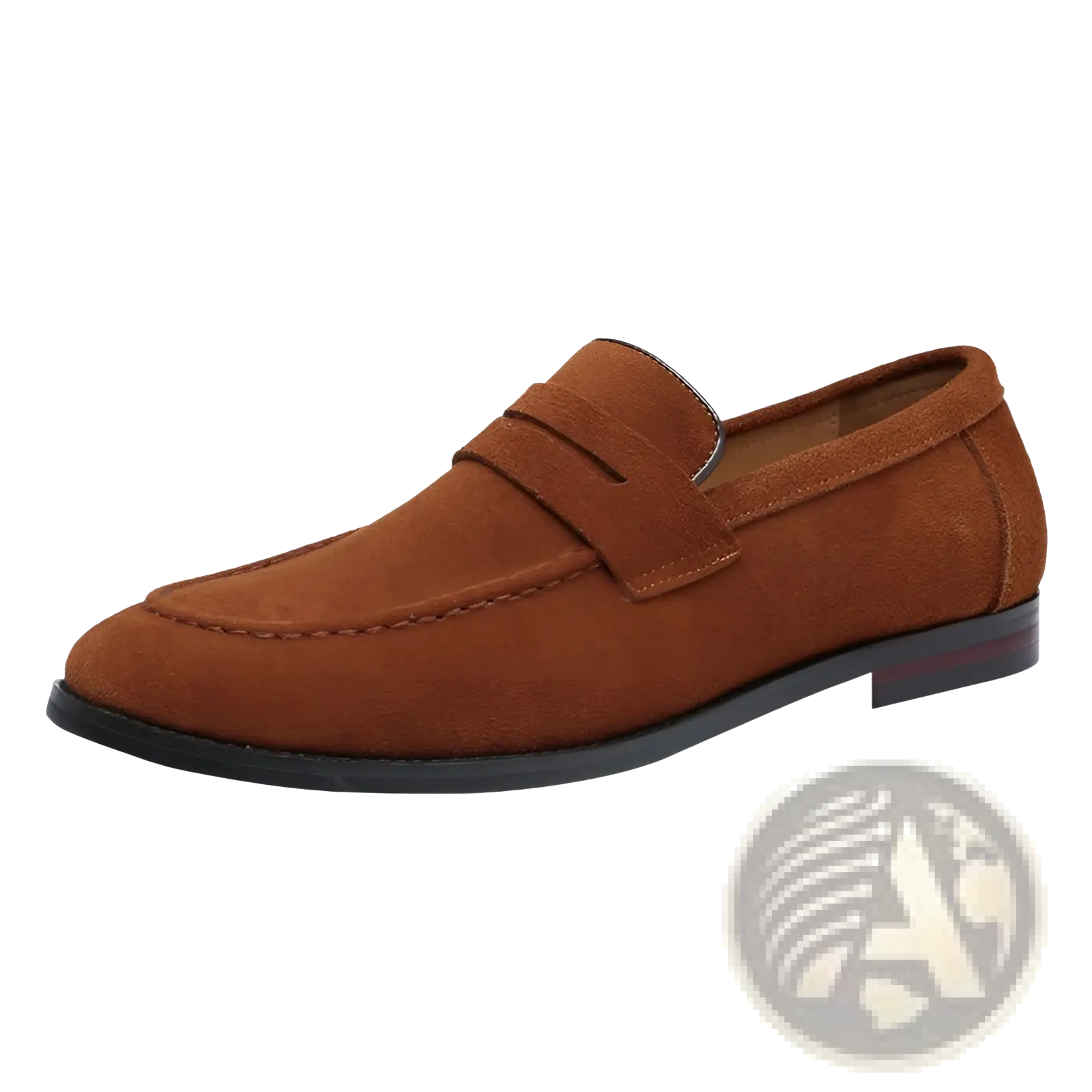 Men’s brown suede penny loafers with classic slip-on design and black rubber sole for trendy everyday wear
