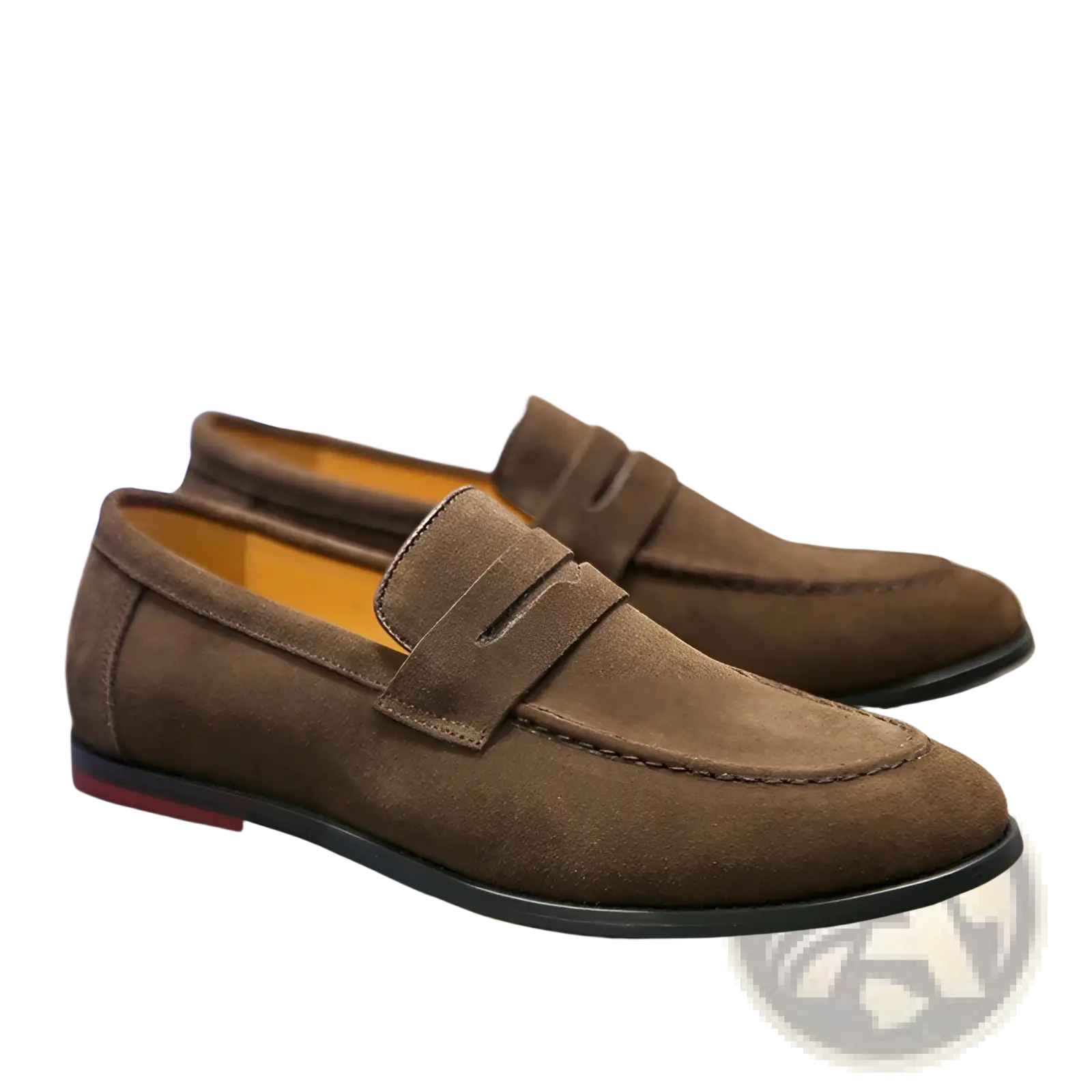 Men’s suede penny loafers in brown with a classic slip-on design and contrasting orange lining