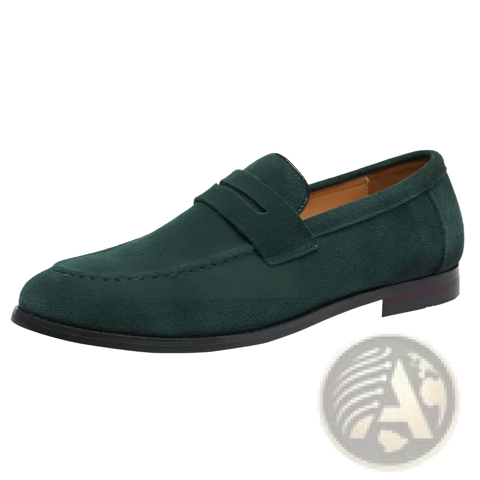 Dark green men’s suede penny loafers with classic strap design and black rubber sole for trendy slip on wear