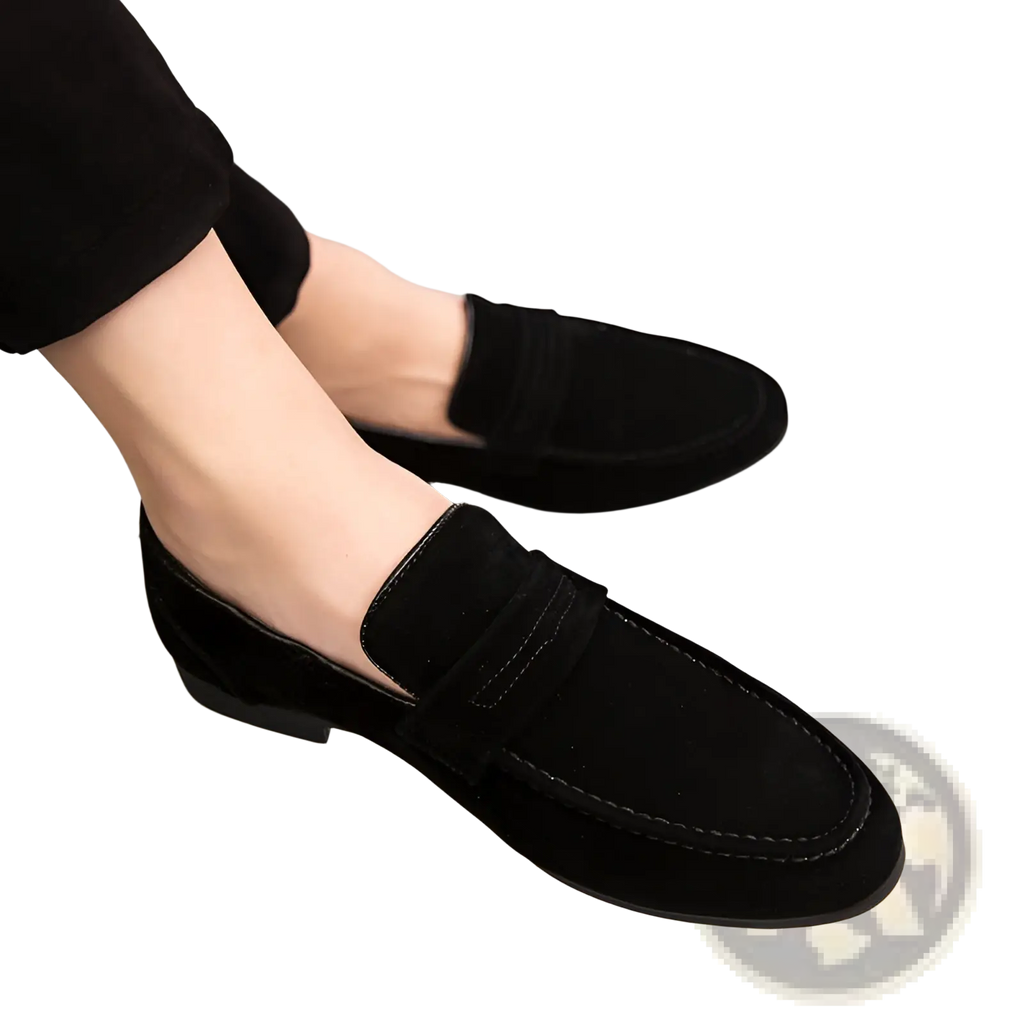 Men’s black suede slip-on loafers with classic design and contrasting stitching in multiple colors
