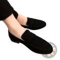 Men’s black suede slip-on loafers with classic design and contrasting stitching in multiple colors