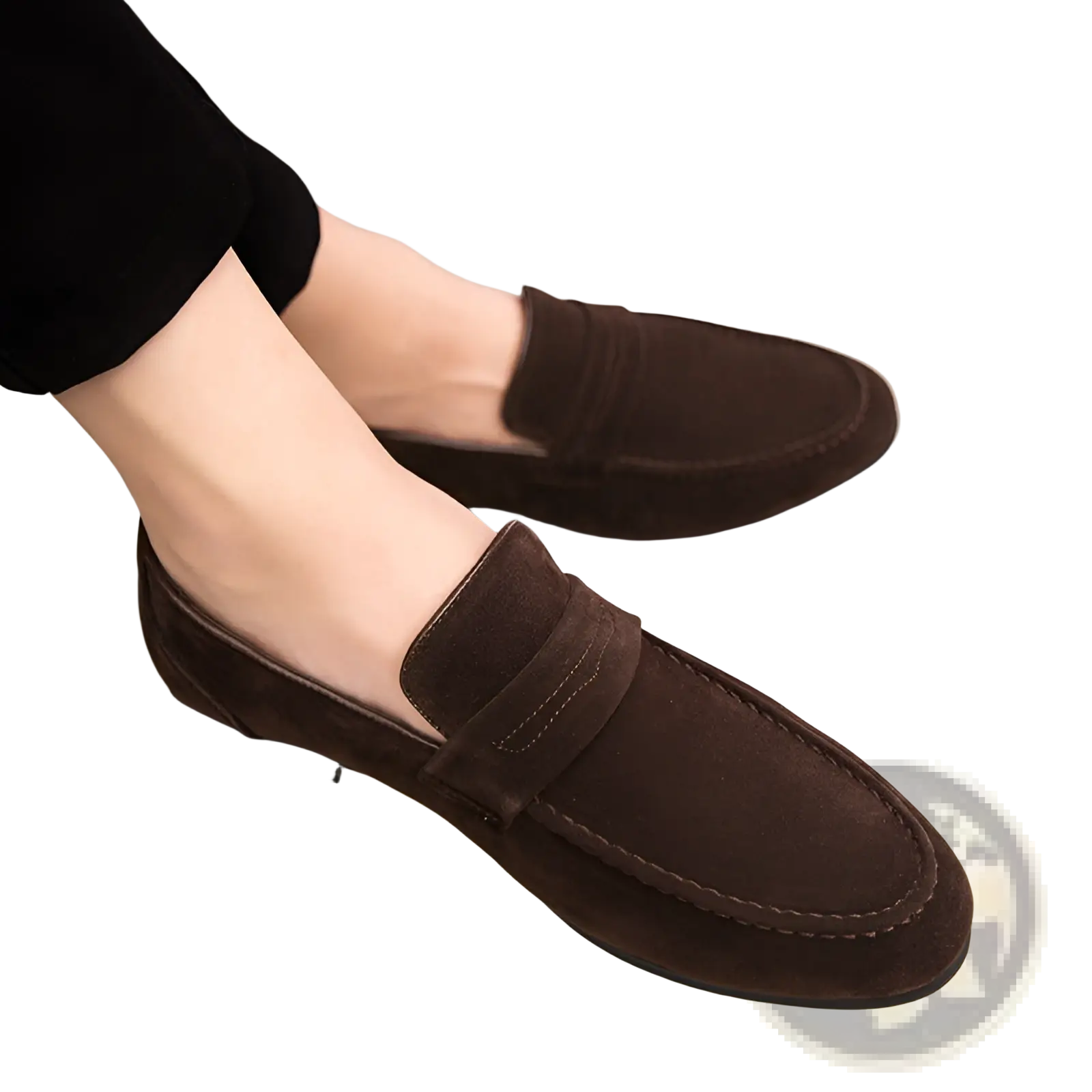 Men’s brown suede slip-on loafers with classic design and stitched detailing in multiple colors