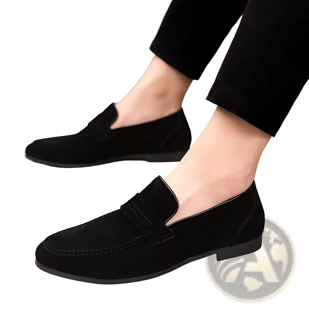 Men’s black suede slip-on loafers with classic design and contrasting stitching in multiple colors available