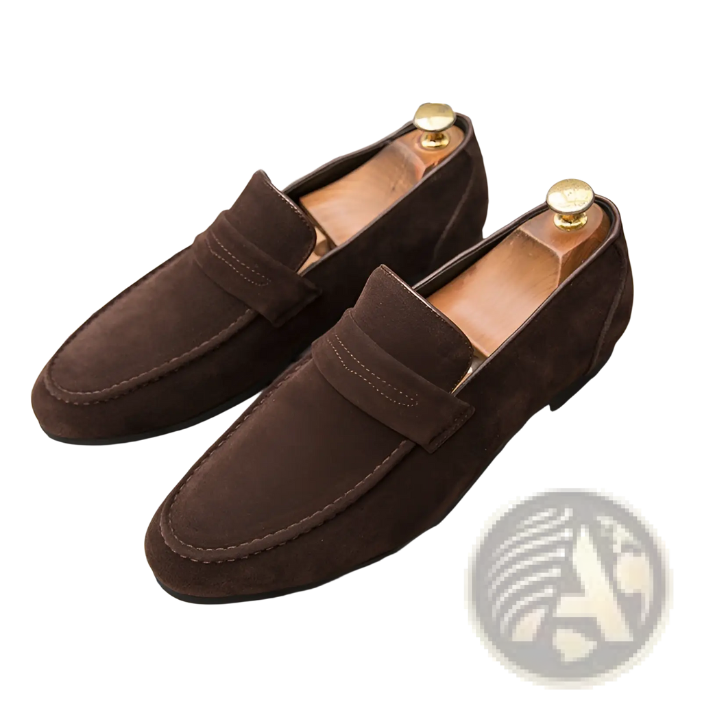 Men’s brown suede slip-on loafers with classic design and gold-toned heel caps in multiple colors