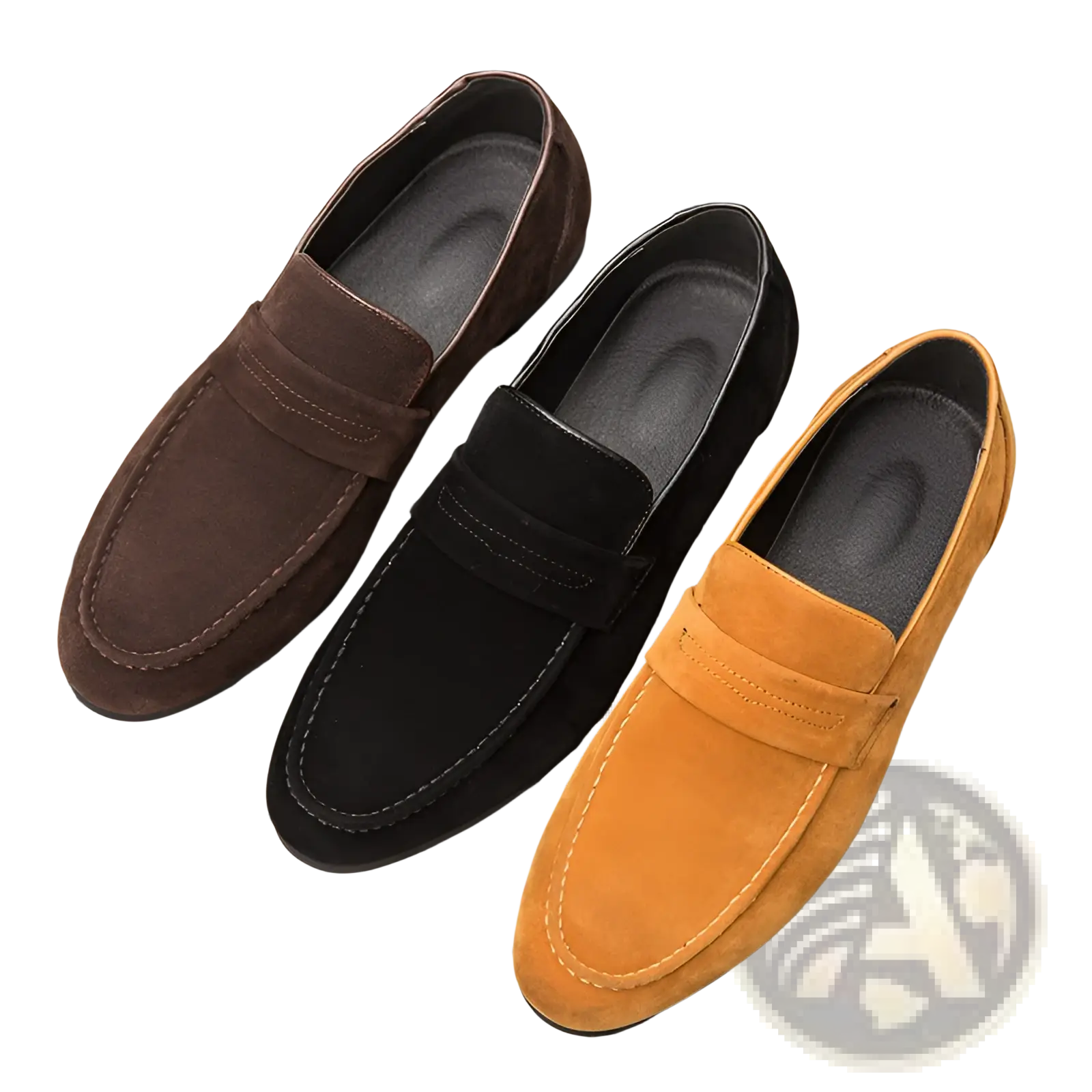 Men’s suede slip-on loafers in brown black and mustard yellow with contrasting stitching