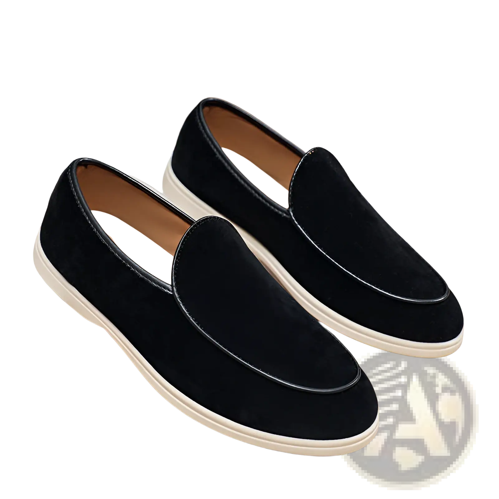 Men’s black suede slip on loafers with white rubber sole and contrasting black stitching for casual wear