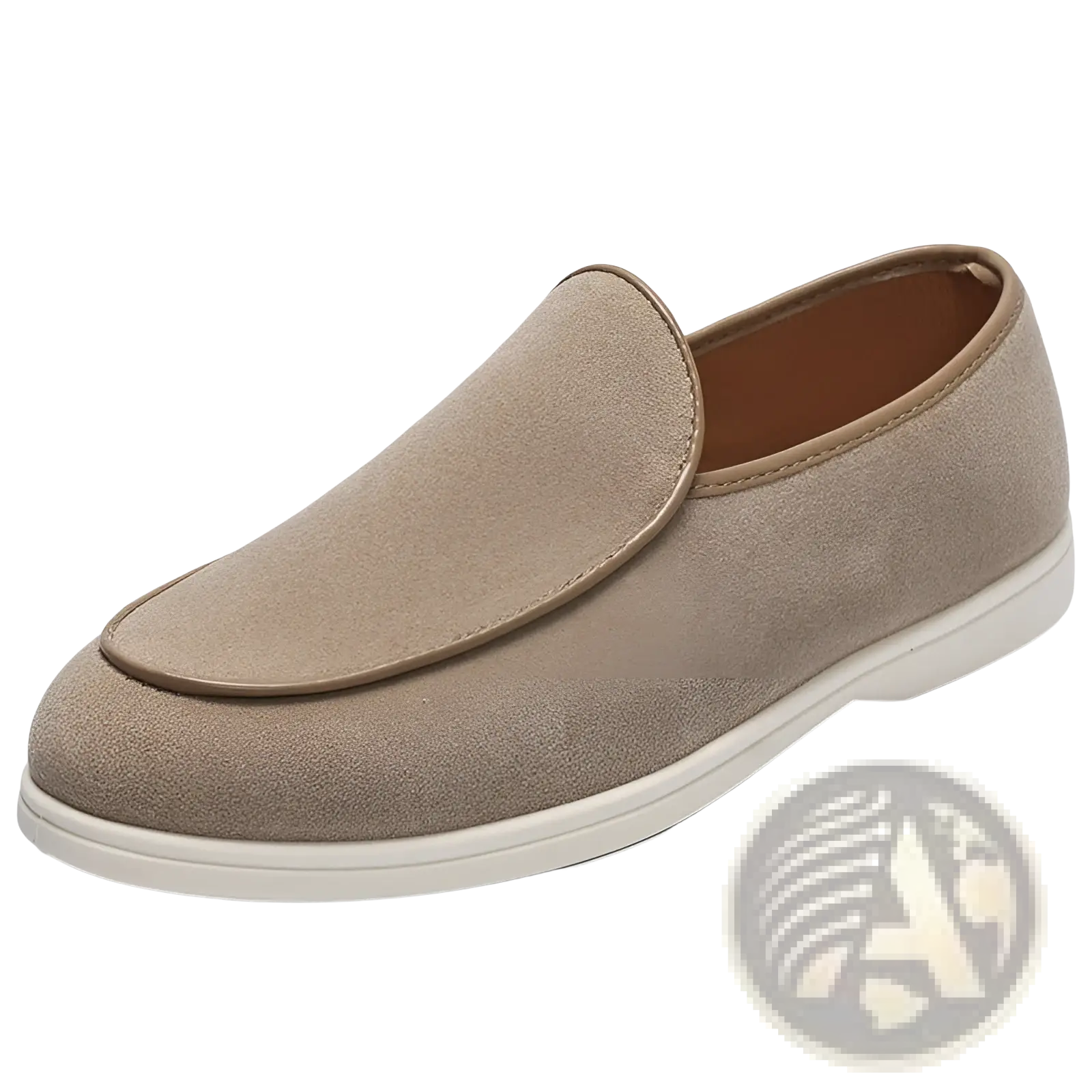 Beige men’s suede slip-on loafer with white rubber sole and tan stitching for casual wear