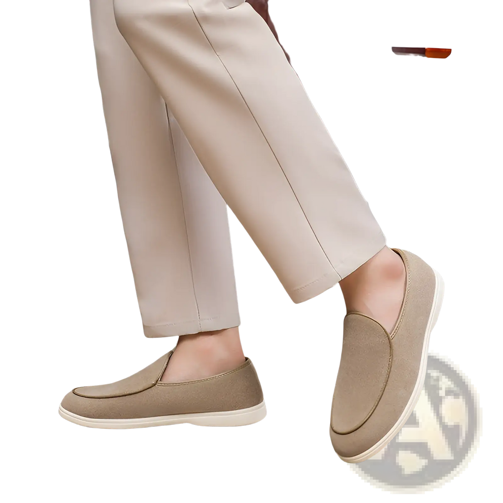 Men’s beige suede slip on loafers with a white rubber sole ideal for casual and semi-formal wear
