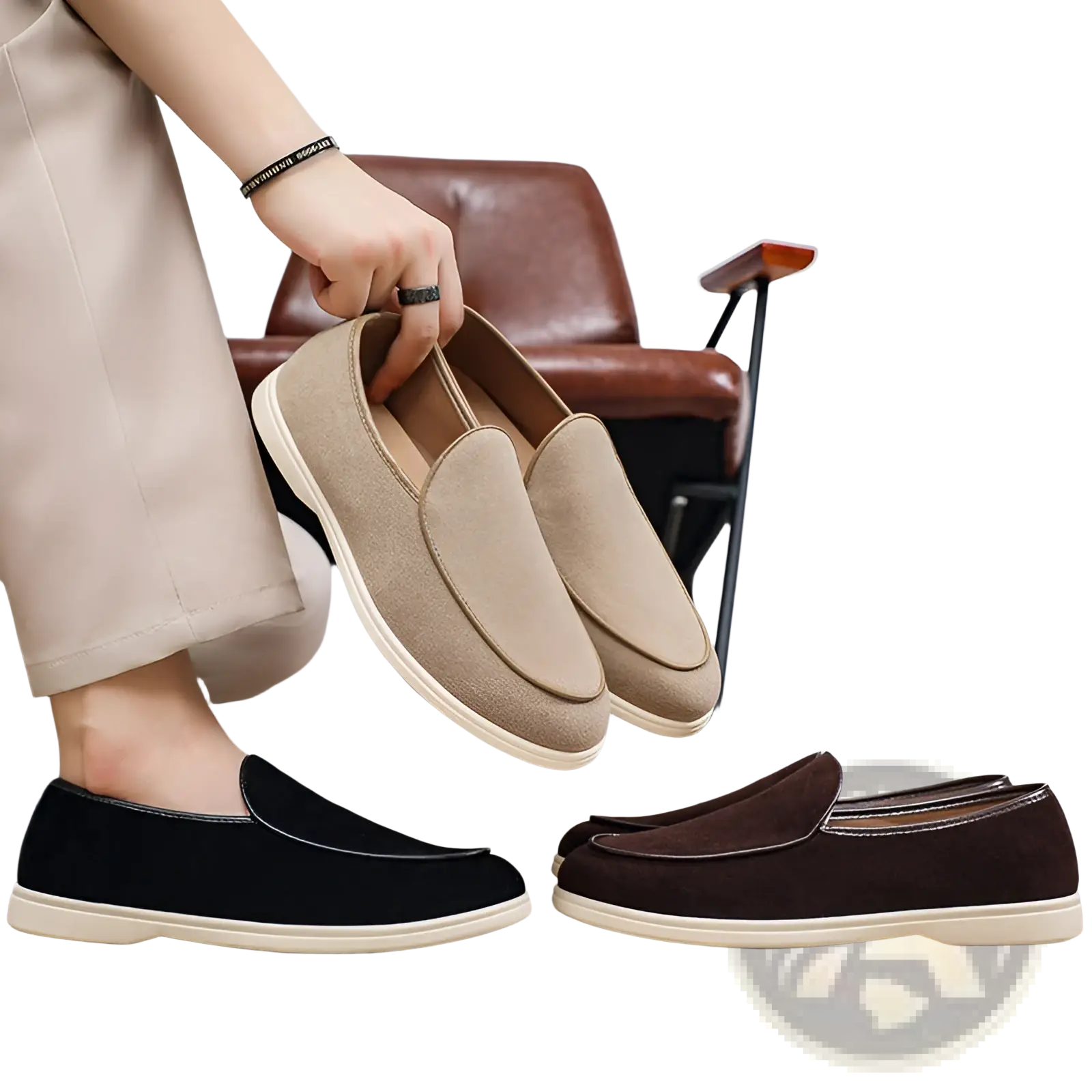 Men’s beige suede slip-on loafers with white rubber sole and contrasting stitching for casual wear