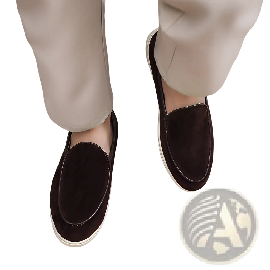 Men’s dark brown suede slip-on loafers with white rubber sole for casual and formal wear