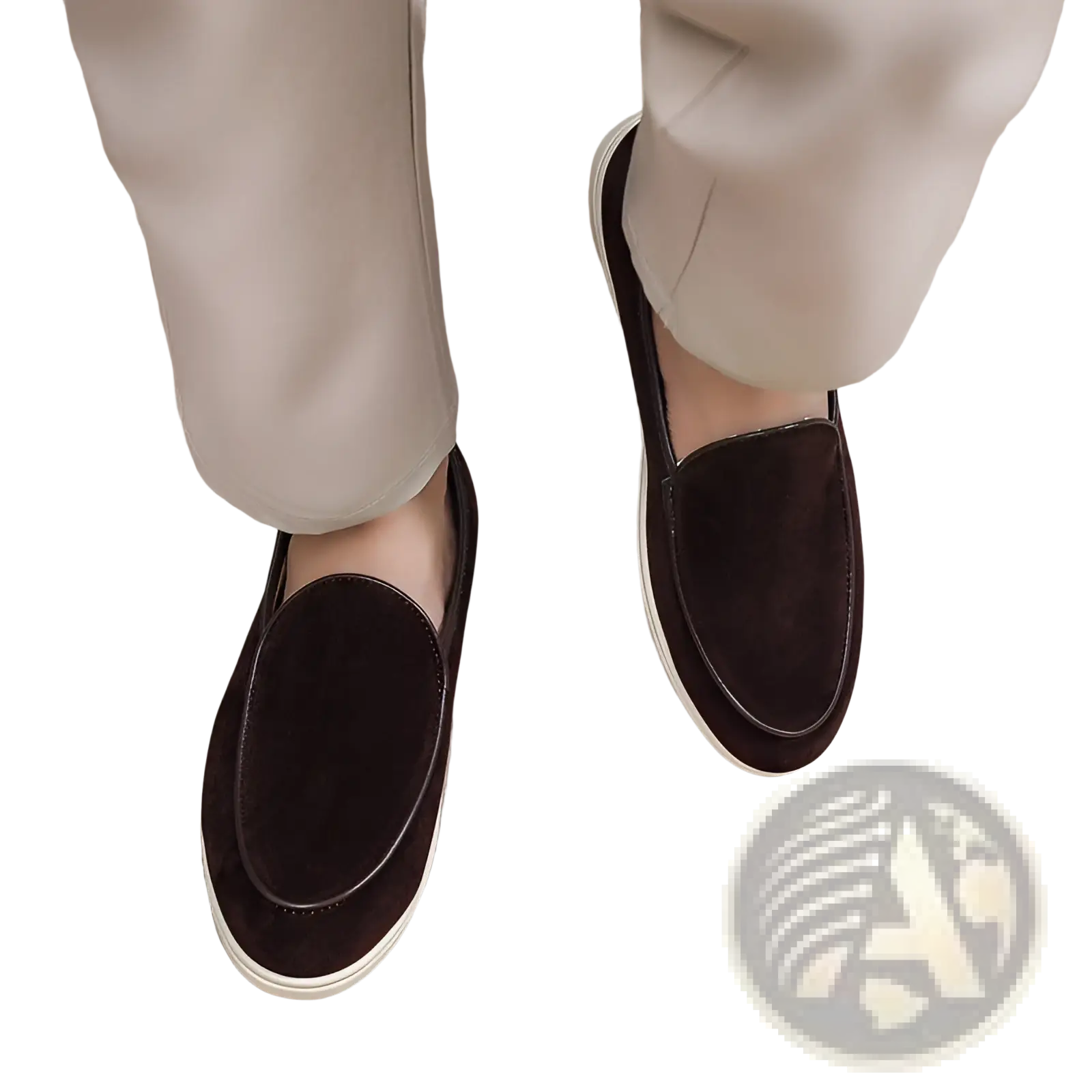 Men’s dark brown suede slip-on loafers with white rubber sole for casual and formal wear