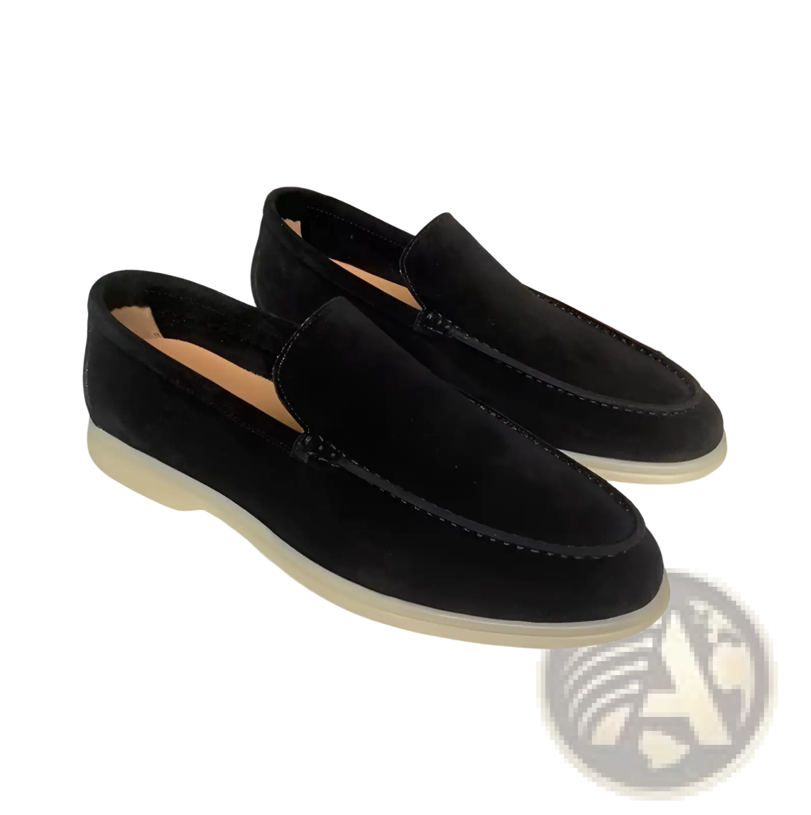 Men’s black suede summer loafers with cream rubber sole and contrasting stitching for casual slip on wear