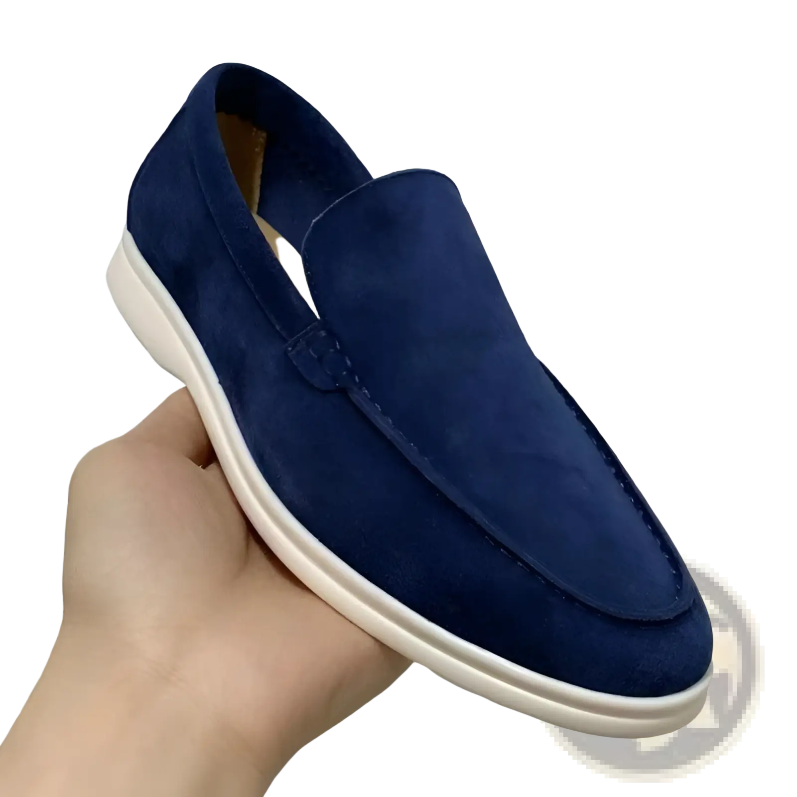 Deep blue suede men’s summer slip-on loafers with white rubber sole for casual flat wear