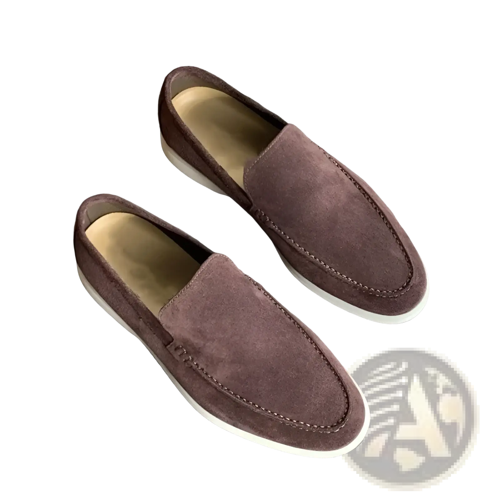 Men’s brown suede summer loafers with white rubber soles and contrasting stitching flat casual slip on shoes