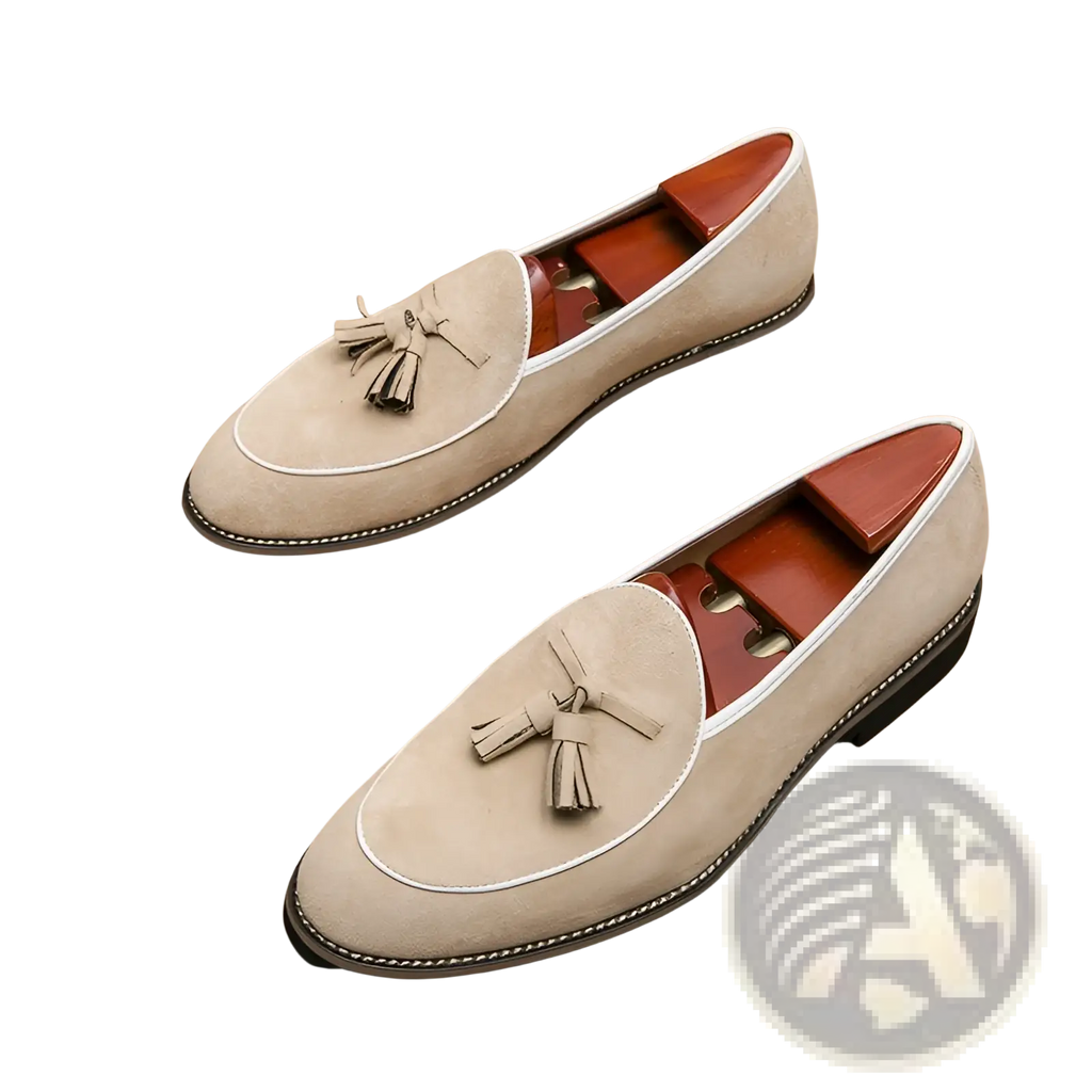 Men’s suede tassel loafers in beige with white stitching and brown leather insole made from matte cowhide