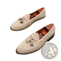 Men’s suede tassel loafers in beige with white stitching and brown leather insole made from matte cowhide