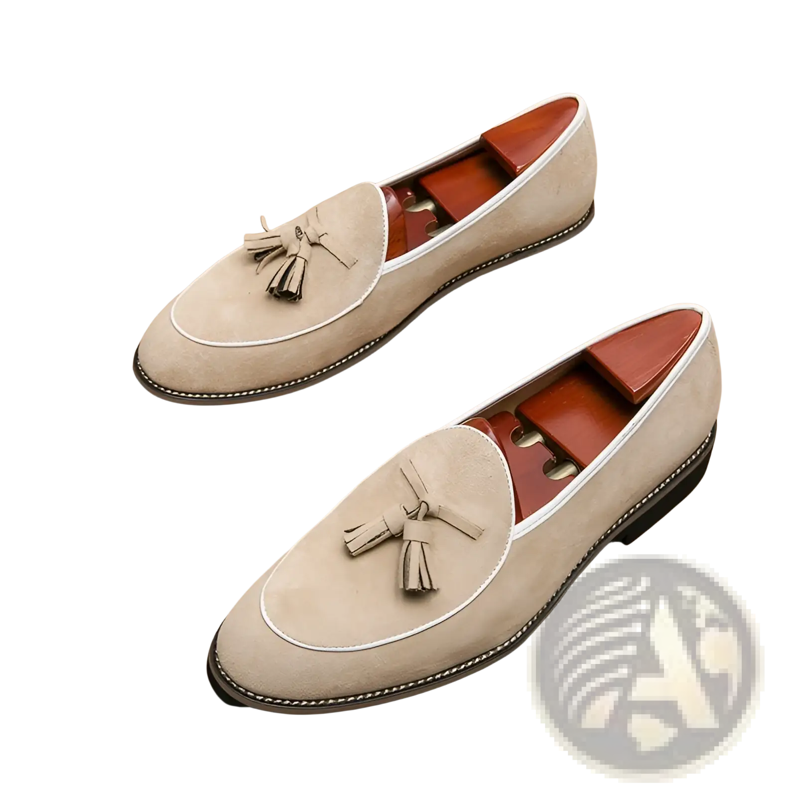 Men’s suede tassel loafers in beige with white stitching and brown leather insole made from matte cowhide