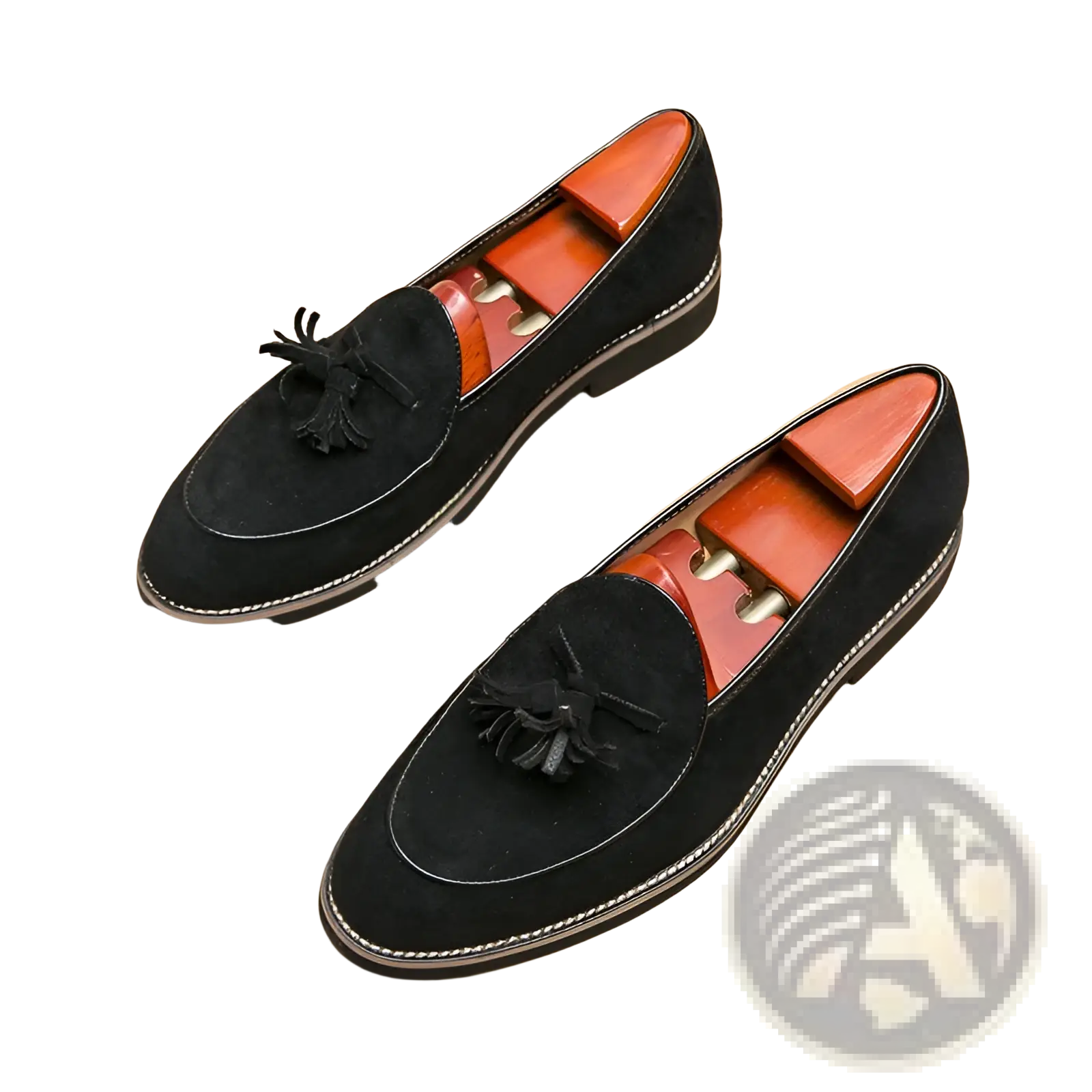 Men’s black suede tassel loafers in matte cowhide with contrasting orange interior lining for stylish wear