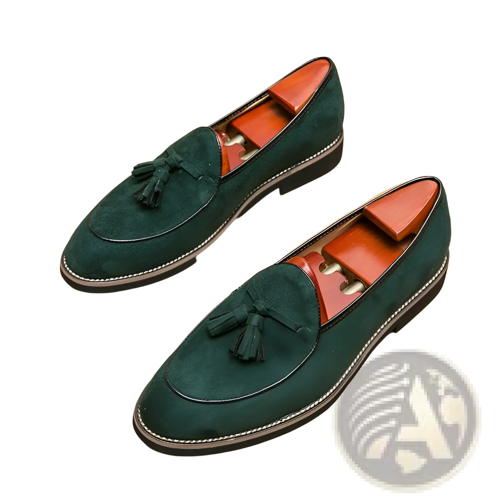 Men’s deep green suede tassel loafers with black tassels and contrasting stitching made from matte cowhide