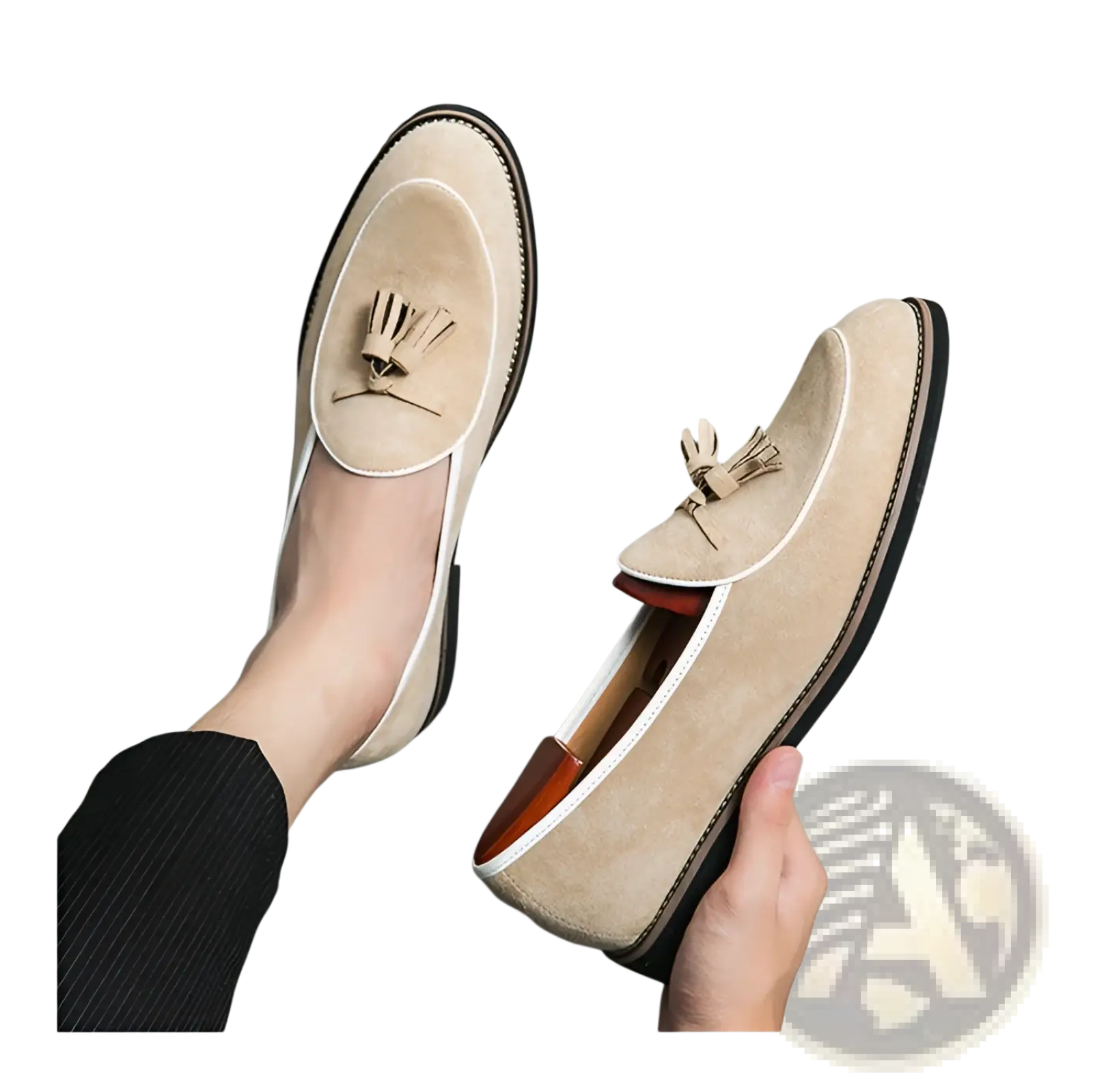 Men’s beige suede tassel loafers with white stitching details made from matte cowhide shoes