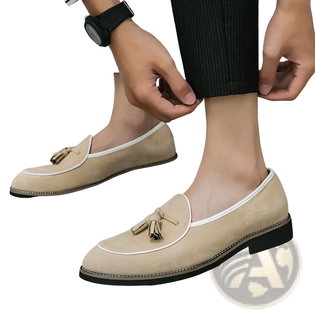 Beige men’s suede tassel loafers with white piping made from matte cowhide shoes for formal wear