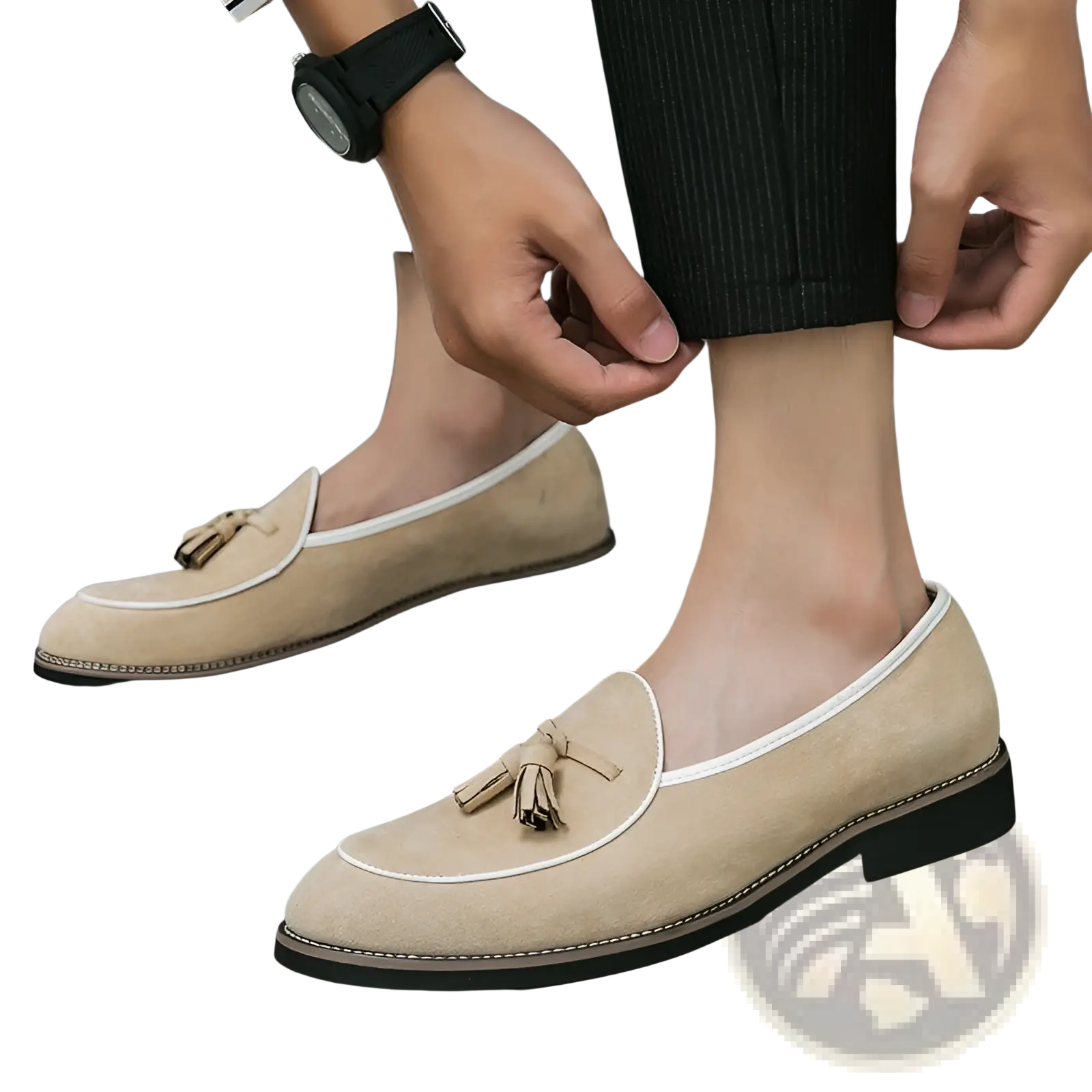 Beige men’s suede tassel loafers with white piping made from matte cowhide shoes for formal wear