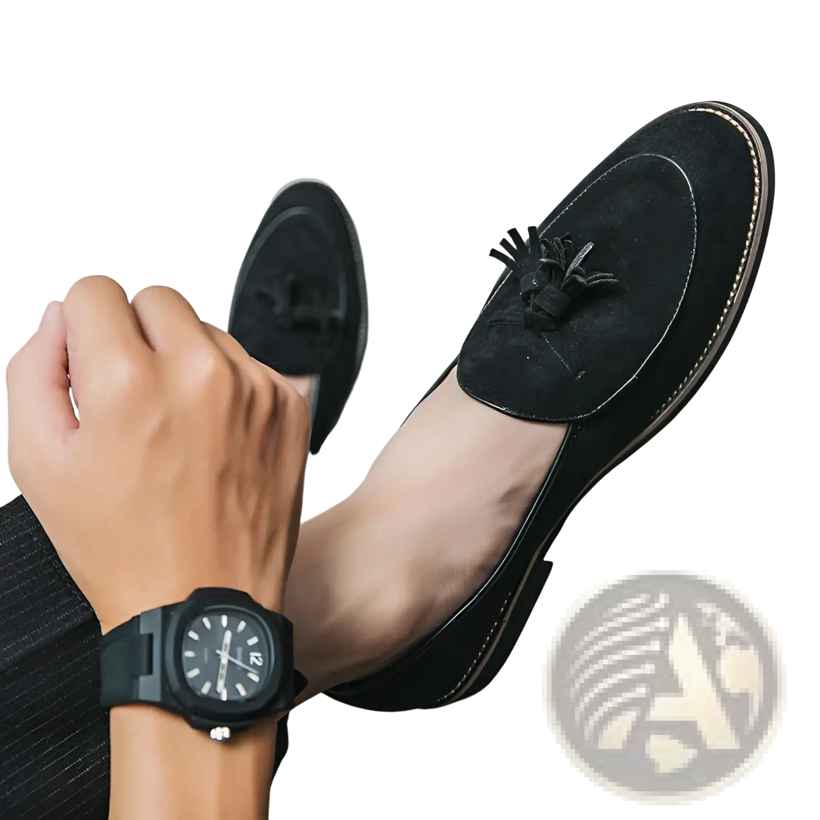 Black suede men’s tassel loafers with contrasting stitching made from matte cowhide leather