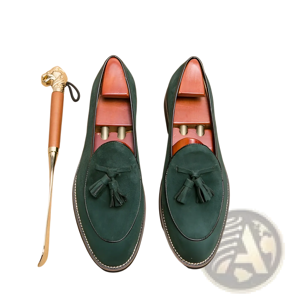 Men’s dark green suede tassel loafers with black stitching made from matte cowhide for formal and casual wear