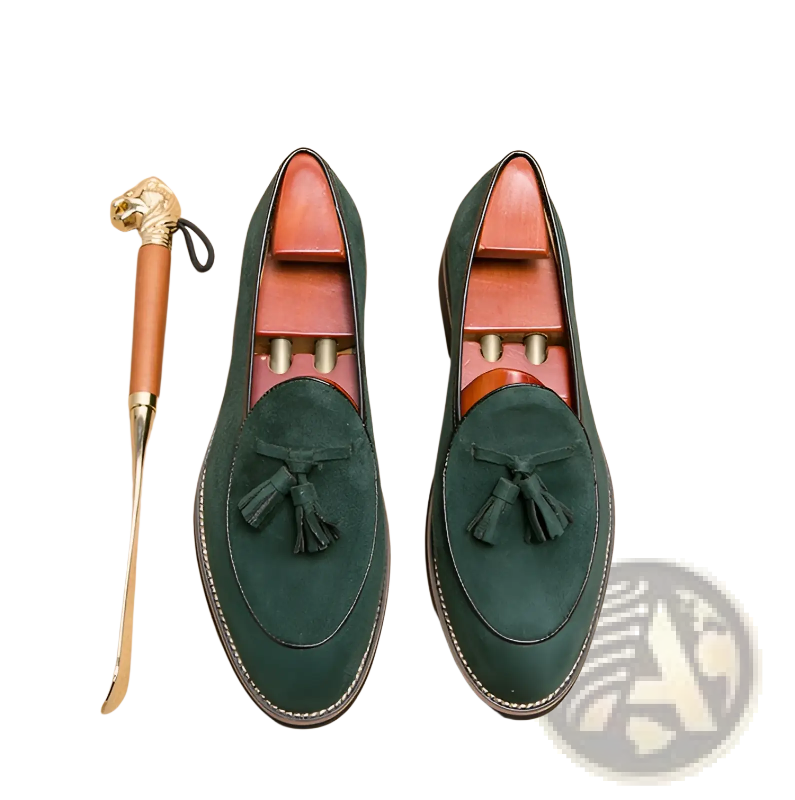 Men’s dark green suede tassel loafers with black stitching made from matte cowhide for formal and casual wear