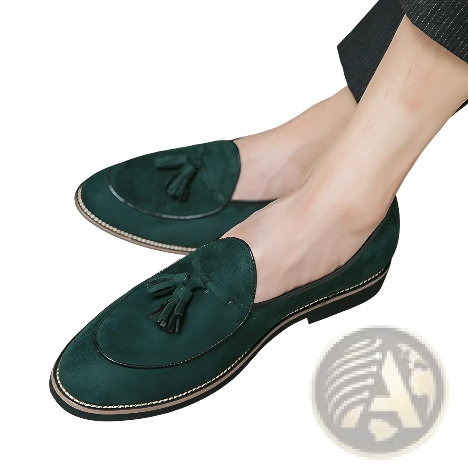 Men’s deep green suede tassel loafers with contrasting stitching in matte cowhide material
