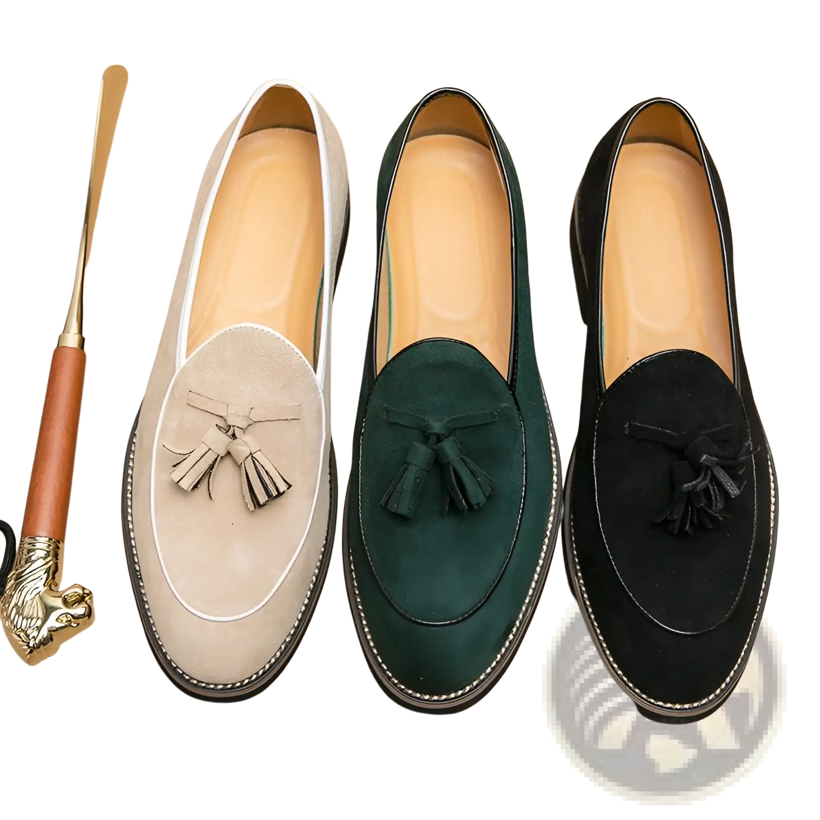 Men’s suede tassel loafers in beige green and black made from matte cowhide for stylish formal wear