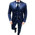 Navy blue satin premium men’s suit three piece tuxedo with gold button closure for a custom fit look