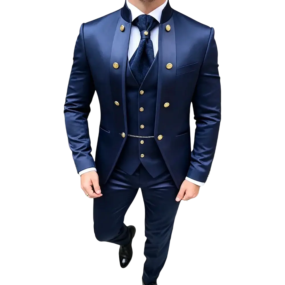 Navy blue satin premium men’s suit three piece tuxedo with gold button closure for a custom fit look