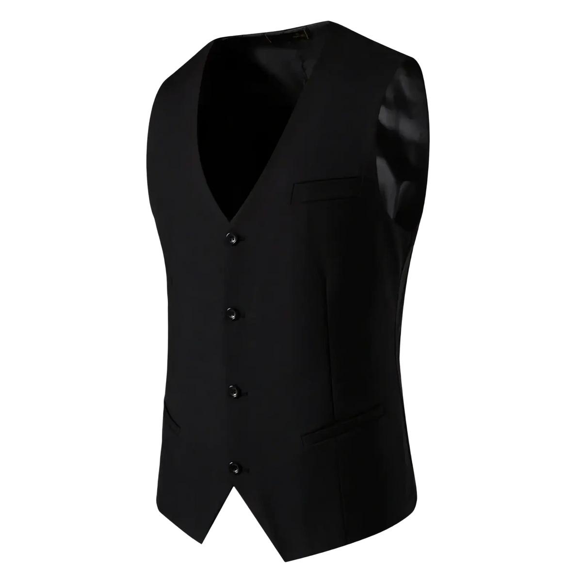 Mens suit vest single breasted formal black v-neck with four buttons and two side pockets for smart casual wear