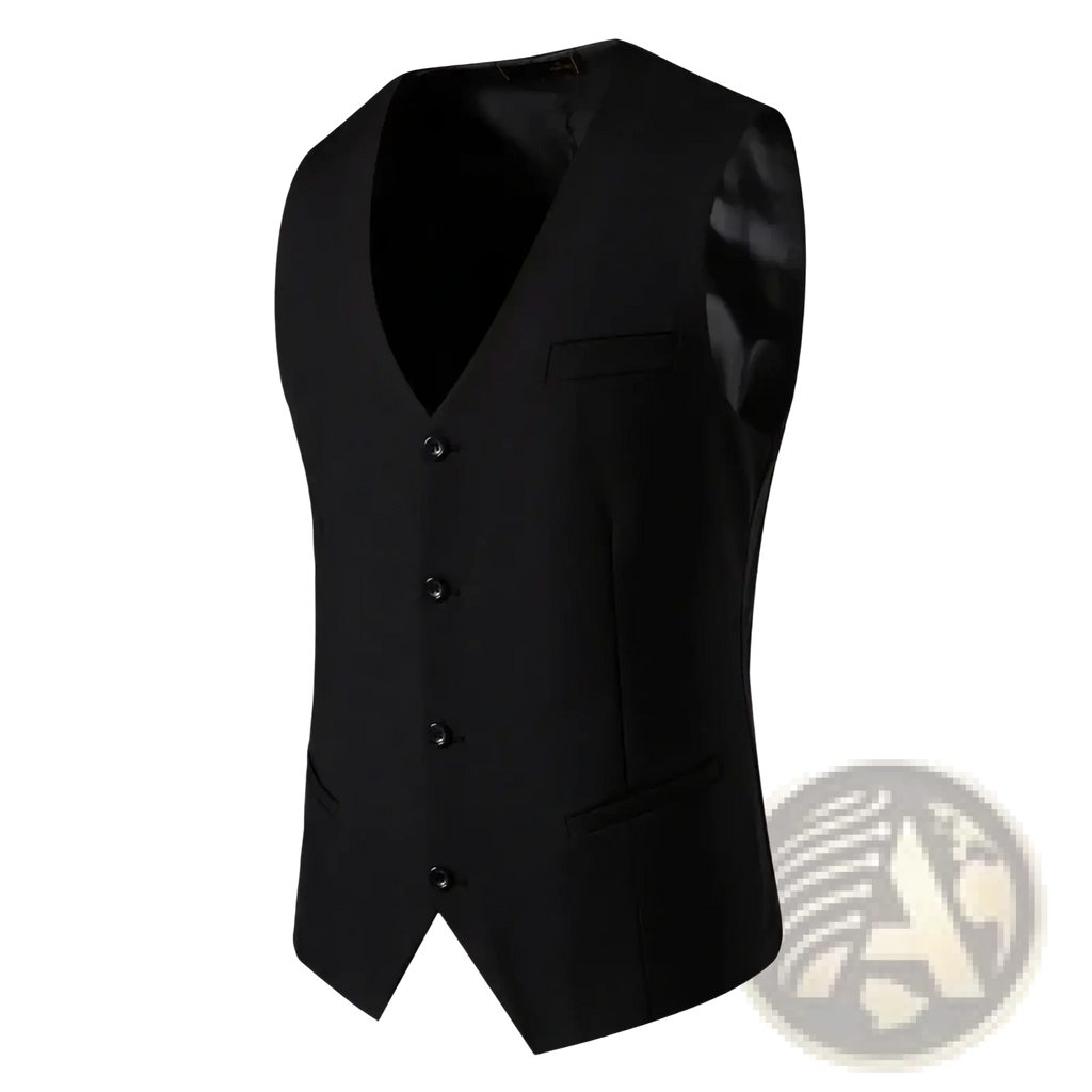 Mens suit vest single breasted formal black v-neck with four buttons and two side pockets for smart casual wear