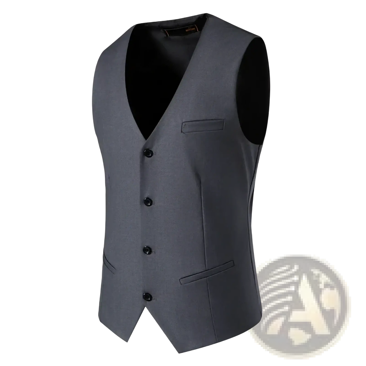 Mens suit vest single breasted formal smart casual gray textured wool with black buttons and contrasting black lining