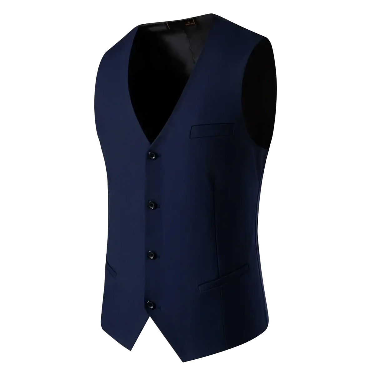 Navy blue tailored mens suit vest with black buttons and sleek modern design for formal and smart casual wear