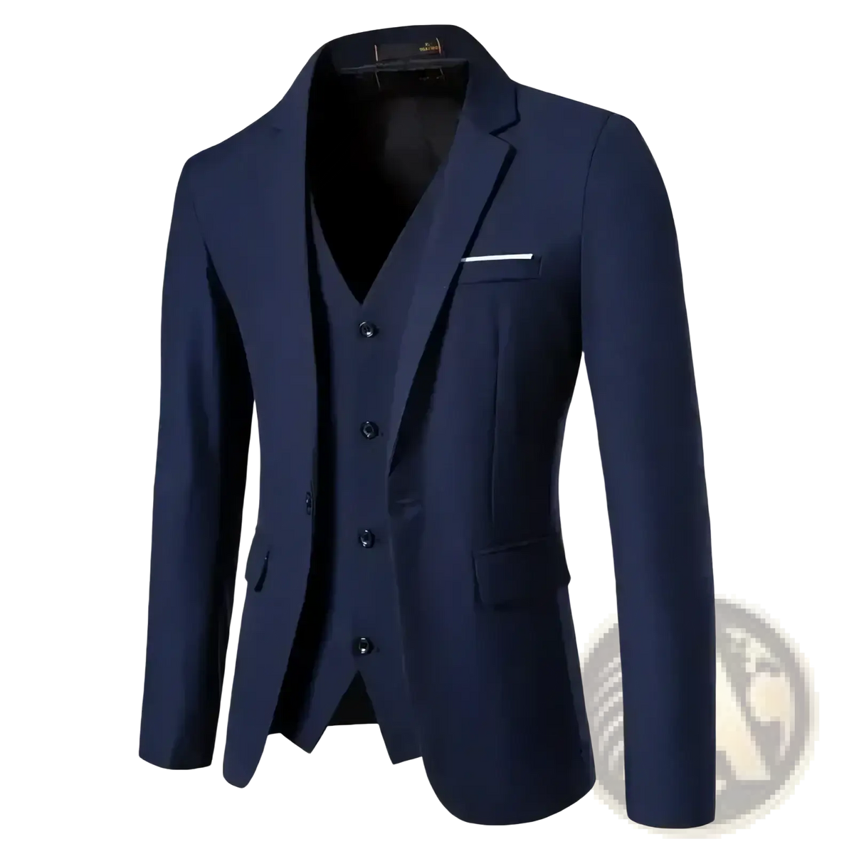 Navy blue three-piece mens suit with single breasted vest and blazer featuring tailored fit and white pocket square accent