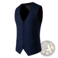 Navy blue tailored mens suit vest with black buttons and sleek modern design for formal and smart casual wear