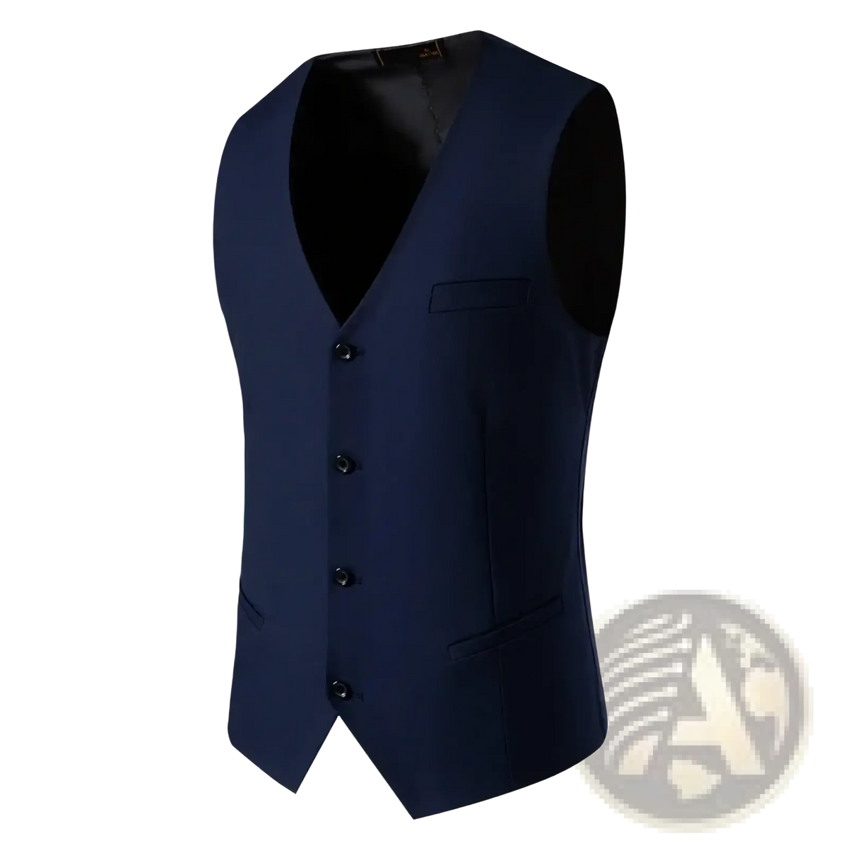 Navy blue tailored mens suit vest with black buttons and sleek modern design for formal and smart casual wear