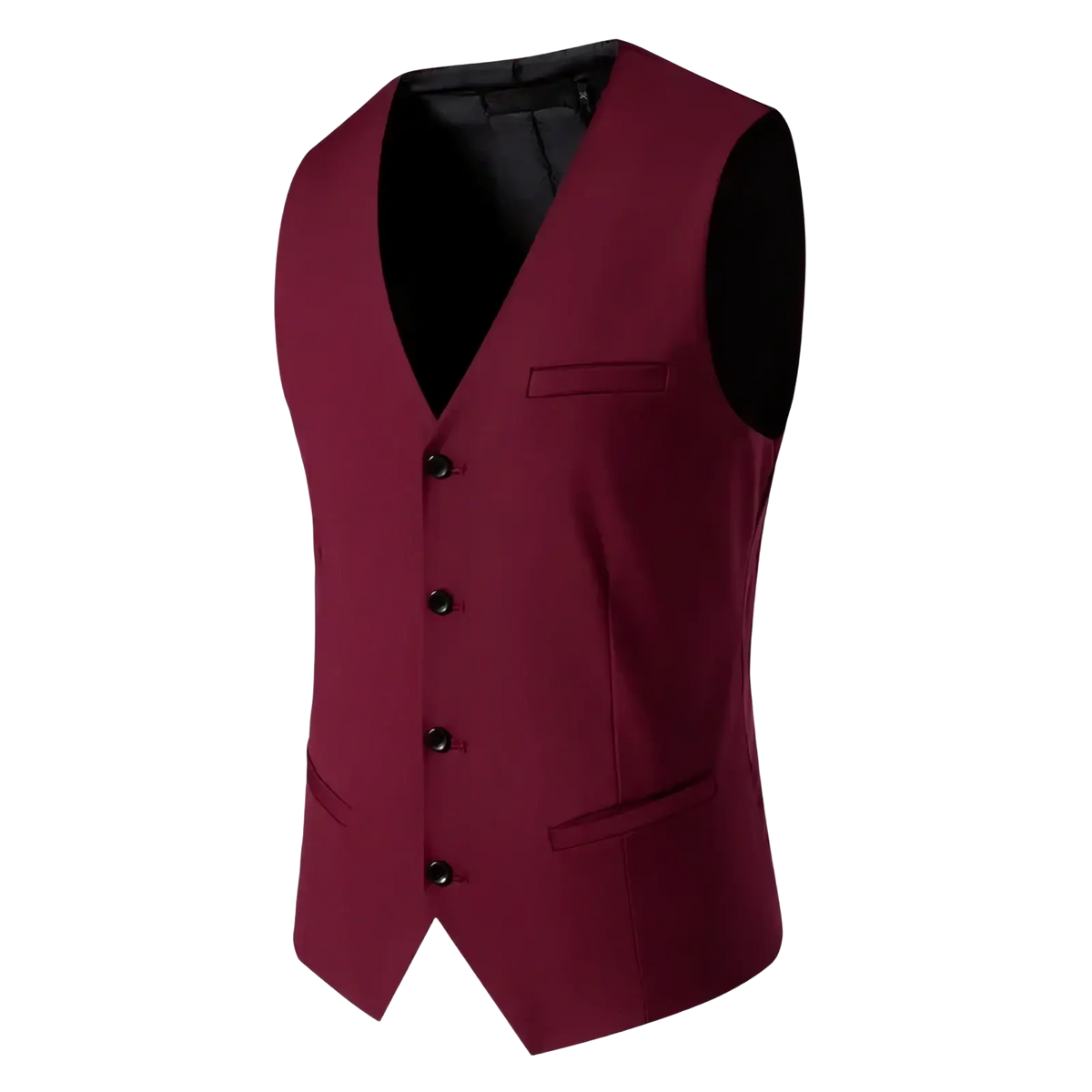 Mens suit vest single breasted formal smart casual in sleek burgundy with black inner lining and matching buttons