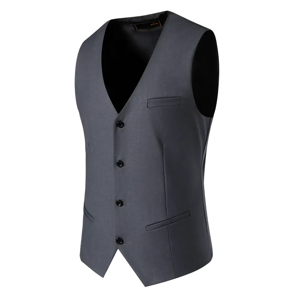 Mens suit vest single breasted formal charcoal gray with black buttons and subtle textured fabric for smart casual wear
