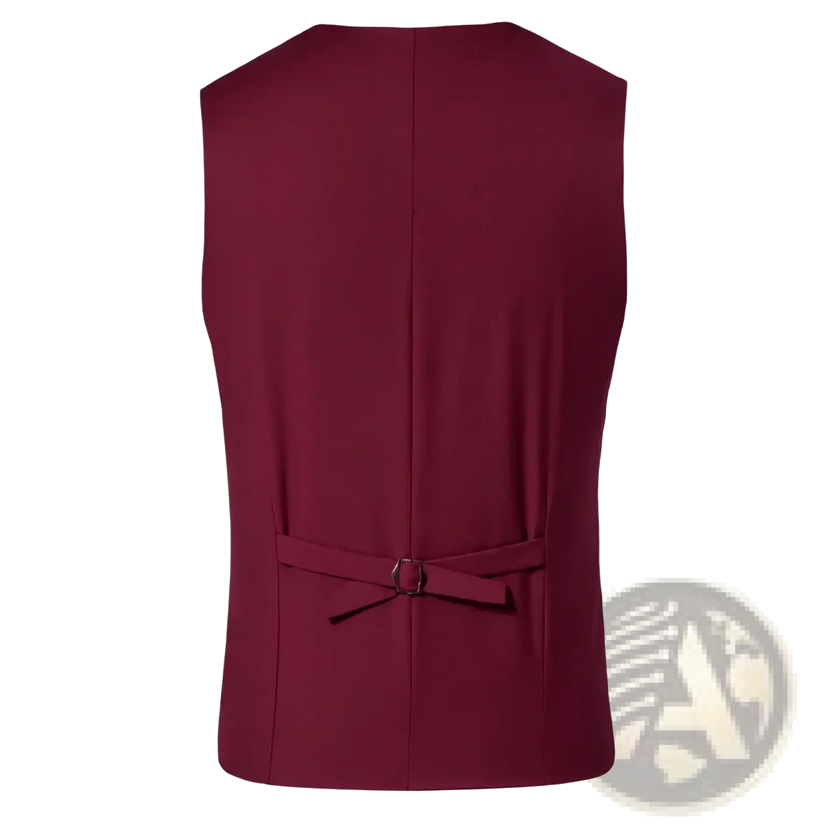 Mens suit vest sleeveless maroon with central back seam and matching belt with metallic buckle shown from the back