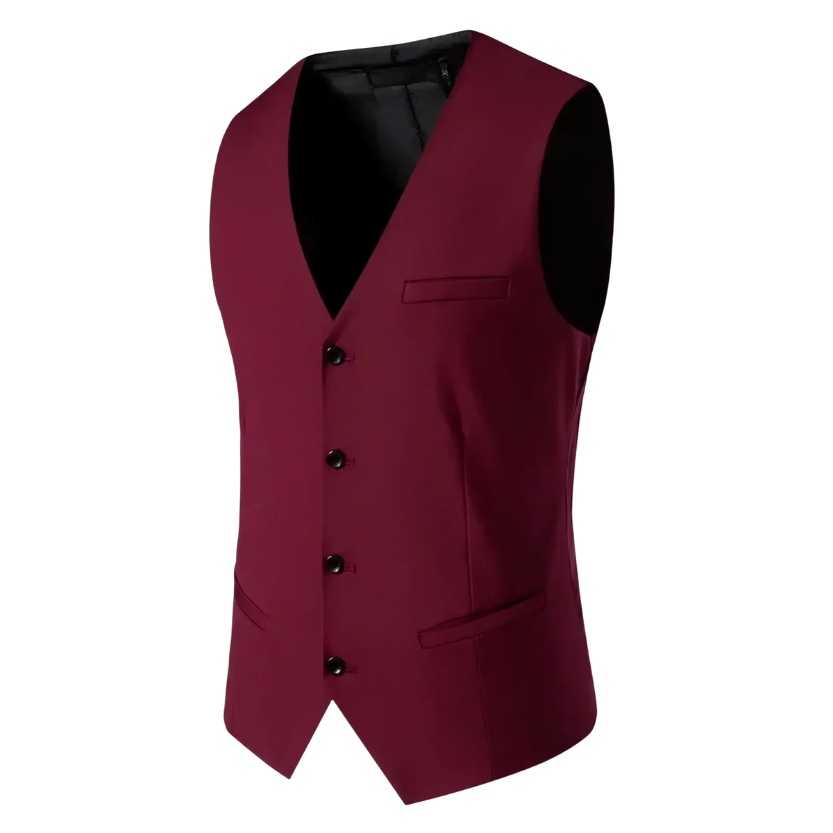 A sleek maroon mens suit vest with black inner lining and matching buttons for formal and smart casual wear