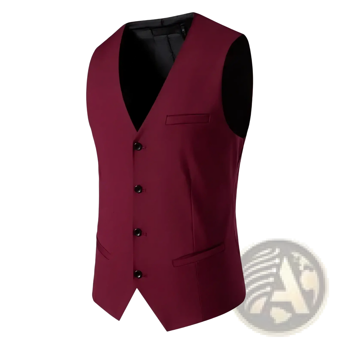 A sleek maroon mens suit vest with black inner lining and matching buttons for formal and smart casual wear