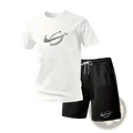 Men’s summer athletic two-piece sportswear set with white t-shirt black graphic design and black shorts white drawstring logo