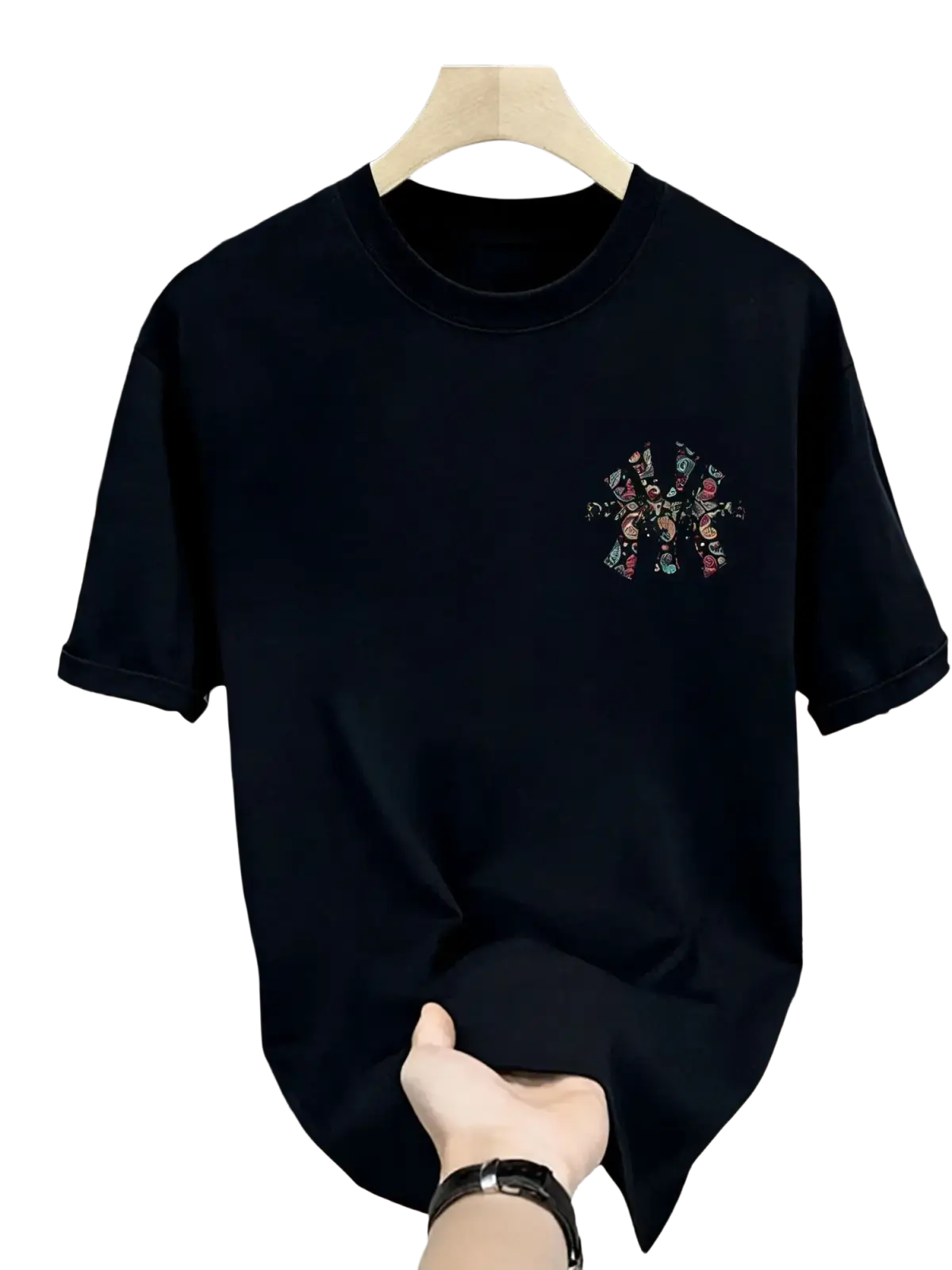 Mens summer printed graphic t shirt in black cotton with a colorful embroidered design on the chest