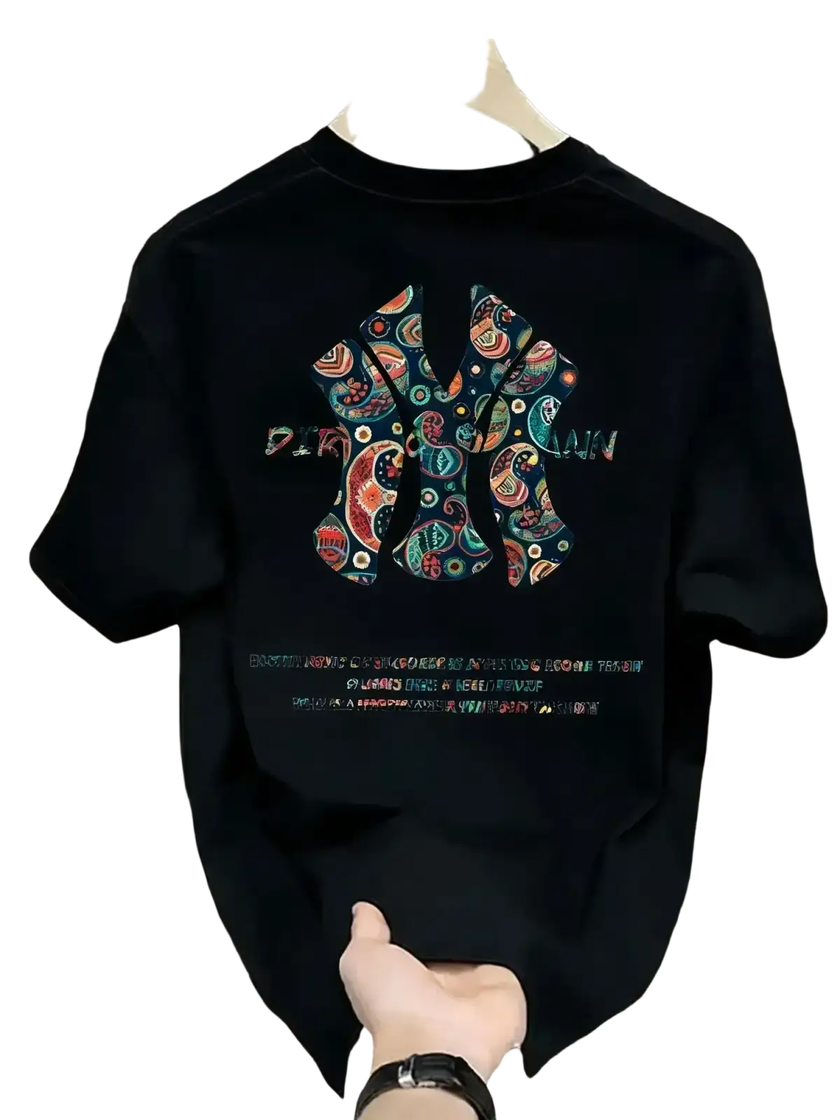 Black short-sleeved mens summer printed t shirt with vibrant colorful paisley printed graphic ny logo on the back